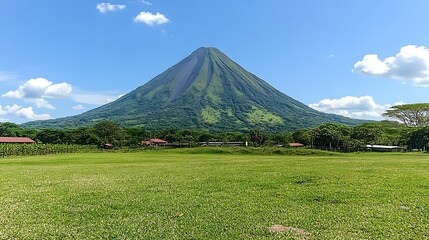 Majestic Volcanic Mountain Over Lush Green Plain under Azure Sky, Nature