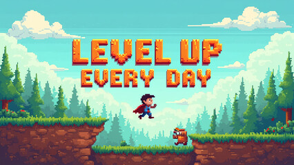 Pixel art. pixelated clouds, grass platforms, and a hero character jumping. 'Level Up Every Day'.