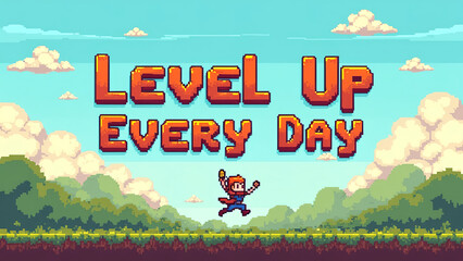 Pixel art. pixelated clouds, grass platforms, and a hero character jumping. 'Level Up Every Day'.