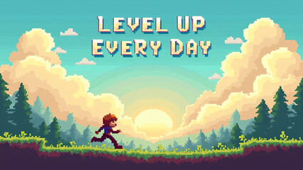 Pixel art. pixelated clouds, grass platforms, and a hero character jumping. 'Level Up Every Day'.