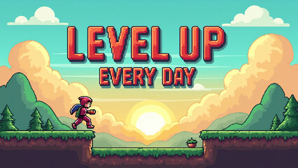 Pixel art. pixelated clouds, grass platforms, and a hero character jumping. 'Level Up Every Day'.