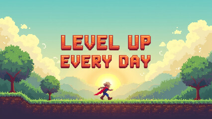 Pixel art. pixelated clouds, grass platforms, and a hero character jumping. 'Level Up Every Day'.