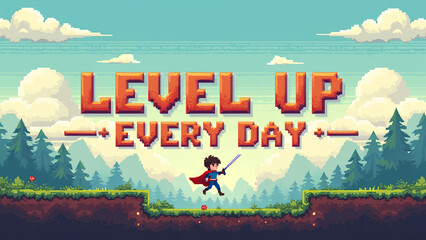 Pixel art. pixelated clouds, grass platforms, and a hero character jumping. 'Level Up Every Day'.