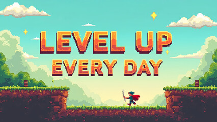 Pixel art. pixelated clouds, grass platforms, and a hero character jumping. 'Level Up Every Day'.