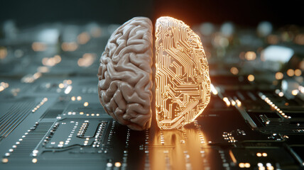 A human brain model opposite a glowing circuit board, symbol of ethics vs automation
