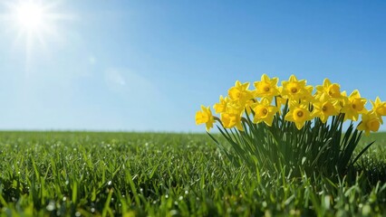 Bright yellow daffodils blooming in a sunny green field