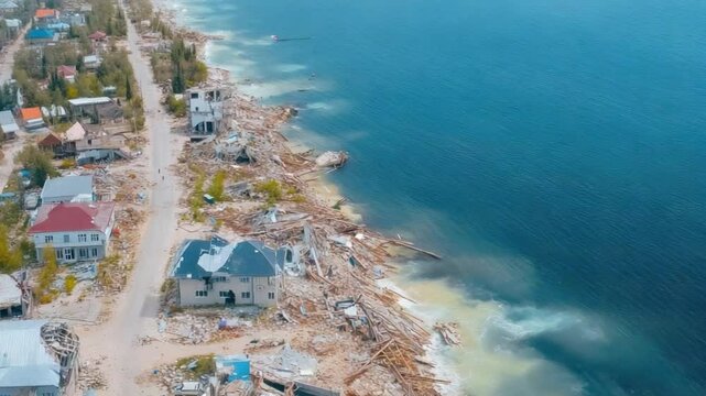 Coastal Erosion: A somber aerial perspective reveals a coastline ravaged by erosion, with remnants of houses scattered amidst the encroaching sea, underscoring the destructive force of nature.