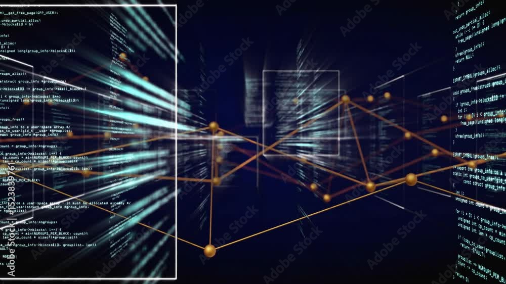 Poster Void initiating abstract network forming with glowing nodes scrolling code panels for data insight