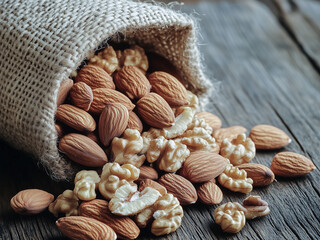 Almonds and walnuts spilling gently out of a burlap sack onto a wooden surface
