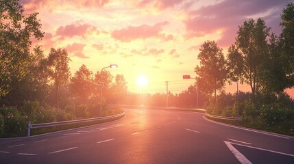 Fototapeta premium Sunset highway curve, trees, scenic drive, peaceful evening