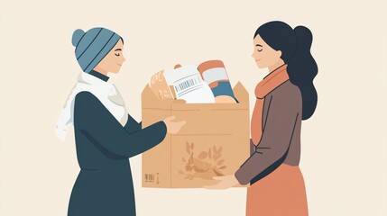 Illustrative depiction of two women exchanging a donation box with care