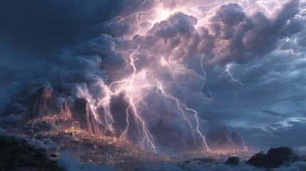 Fototapeta premium Intense lightning strikes through dramatic clouds during powerful thunderstorm