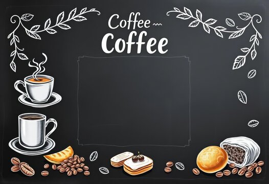 Vintage chalkboard coffee menu with hand-drawn coffee cups, pastries, and beans,  food,  dark