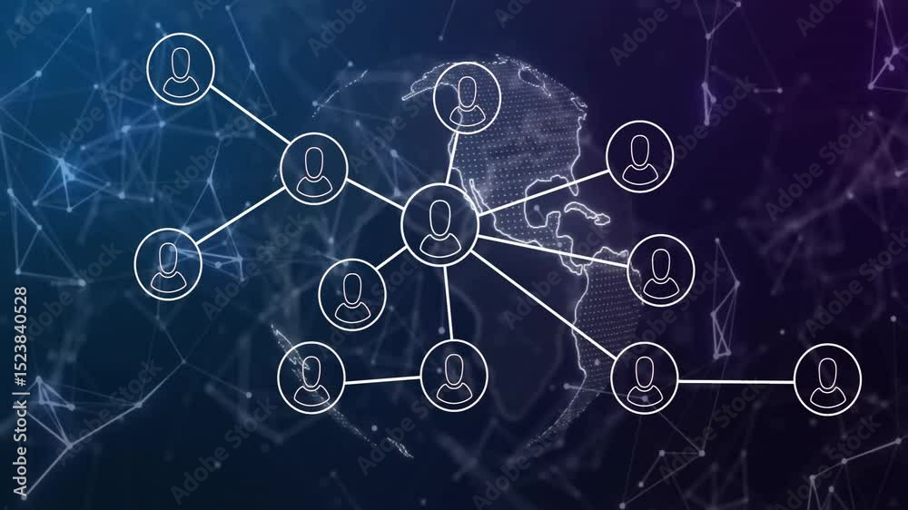 Poster grid fading, central node extending lines circles morphing avatars globe rotating showing network