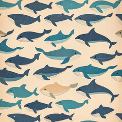 Hundreds of small whales in a retro decoration texture, ideal for interior and packaging design.