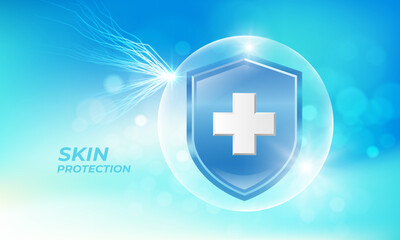 Skin Protection. Light shield The screen protects the sun from UV rays. Advertising symbol icon. Sunscreen, skin care, lotion, medical. Realistic vector file