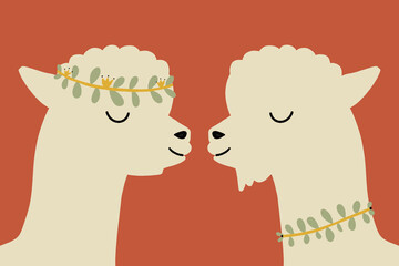 Illustration of two adorable smiling alpaca animals 