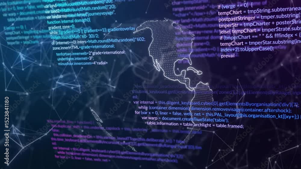 Poster At start, 3D globe forming and rotating while code snippets scroll, visualizing digital network