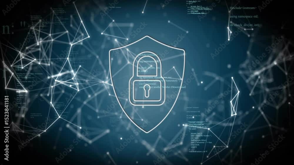 Poster Shield lock icon fading triggers network nodes appearing and code scrolling, pulsing security