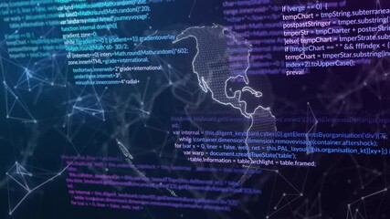 At start, 3D globe forming and rotating while code snippets scroll, visualizing digital network - Powered by Adobe