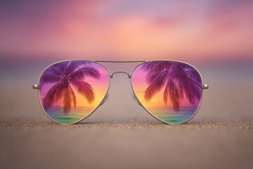 Sun-kissed sunglasses reflecting vibrant palm trees in surreal sunset hues capturing the essence of summer paradise evoking feelings of relaxation and adventure