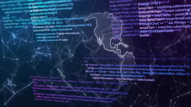 At start, 3D globe forming and rotating while code snippets scroll, visualizing digital network
