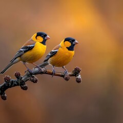 Obraz premium Two yellow and black finches perched on a branch against a blurred autumn background