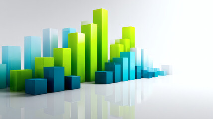 Fototapeta premium A colorful 3D bar graph with blue and green bars on a white reflective background, representing data visualization or business analytics.