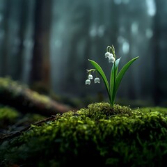 Lily of the Valley in a Misty, Dark Forest