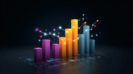 A colorful 3D bar chart with glowing data points and connecting lines, representing analytics and digital statistics on a dark background.