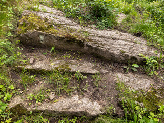 A set of stone steps in the middle of a grassy area