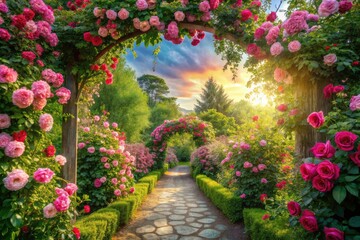 Fototapeta premium Conceptual photography: AI-generated image of a path winding through a pink rose garden.