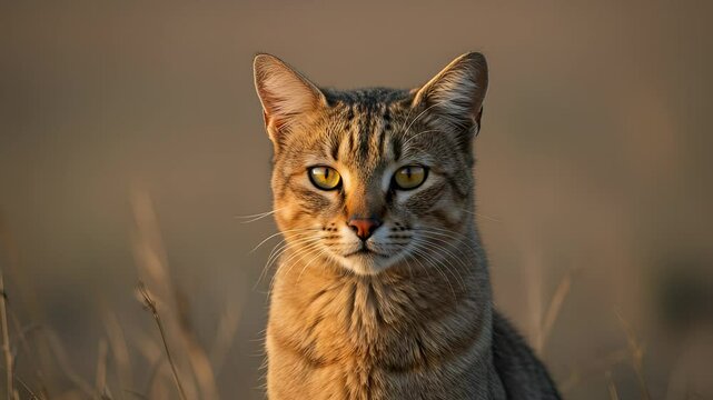 Portrait of Majestic African Wildcat, Felis lybica, with striking yellow eyes and serene expression