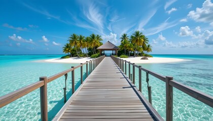 Obraz premium Tropical island paradise with wooden pier and turquoise water