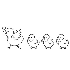 Cute hand drawn Mother bird and chicks walking following mother's day illustration