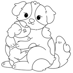 Cute hand drawn Dog and puppy cuddling mother's day illustration