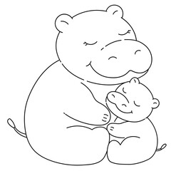 Cute hand drawn Hippo and baby cuddling mother's day illustration