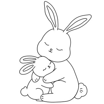 Cute hand drawn Rabbit and baby cuddling mother's day illustration