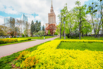 Warsaw, top view of the Palace of Culture in Poland and in the background the skyscrapers of the...