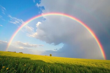 Naklejka premium A vibrant arc of color streaks across a clear sky, a breathtaking rainbow seemingly in flight, defying gravity with ethereal beauty , optical, phenomenon, ethereal