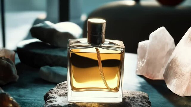 Exploration of a mysterious fragrance bottle surrounded by natural elements in a dimly lit environment