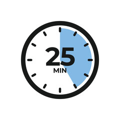 25 minutes. Countdown timer icon. Isolated vector illustration.