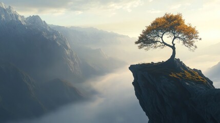 Lonely tree stands atop rocky cliff overlooking misty mountains