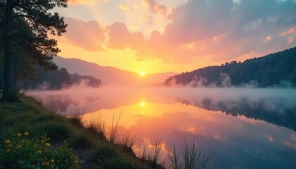Serene sunrise over a tranquil lake, mist gently rising, creating a peaceful and ethereal atmosphere Perfect for travel, nature, or wellness projects , peaceful, tranquil, tranquil