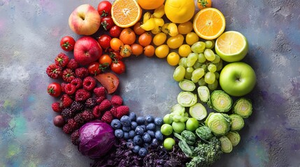 Colorful fruits, berries and vegetables in a circular arrangement, celebrating nature's vibrant bounty