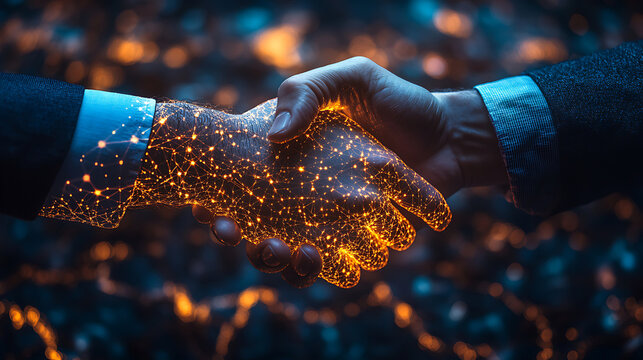 Digital handshake of innovation and technology business concept connecting through futuristic networks global partnership