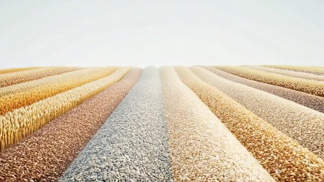 Rows of various grains, stacked and arranged in a field-like pattern