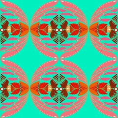 A bold floral-inspired pattern with vibrant red and orange petals surrounded by pink arches on a turquoise background. The symmetry and lively colors evoke a sense of motion and tropical energy.
