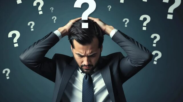 Stressed businessman with beard in suit holding head under floating question marks on blue background. Concept of confusion and decision making pressure