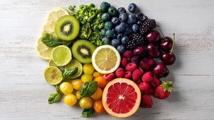 Colorful fruits, berries and vegetables in a circular arrangement, celebrating nature's vibrant bounty